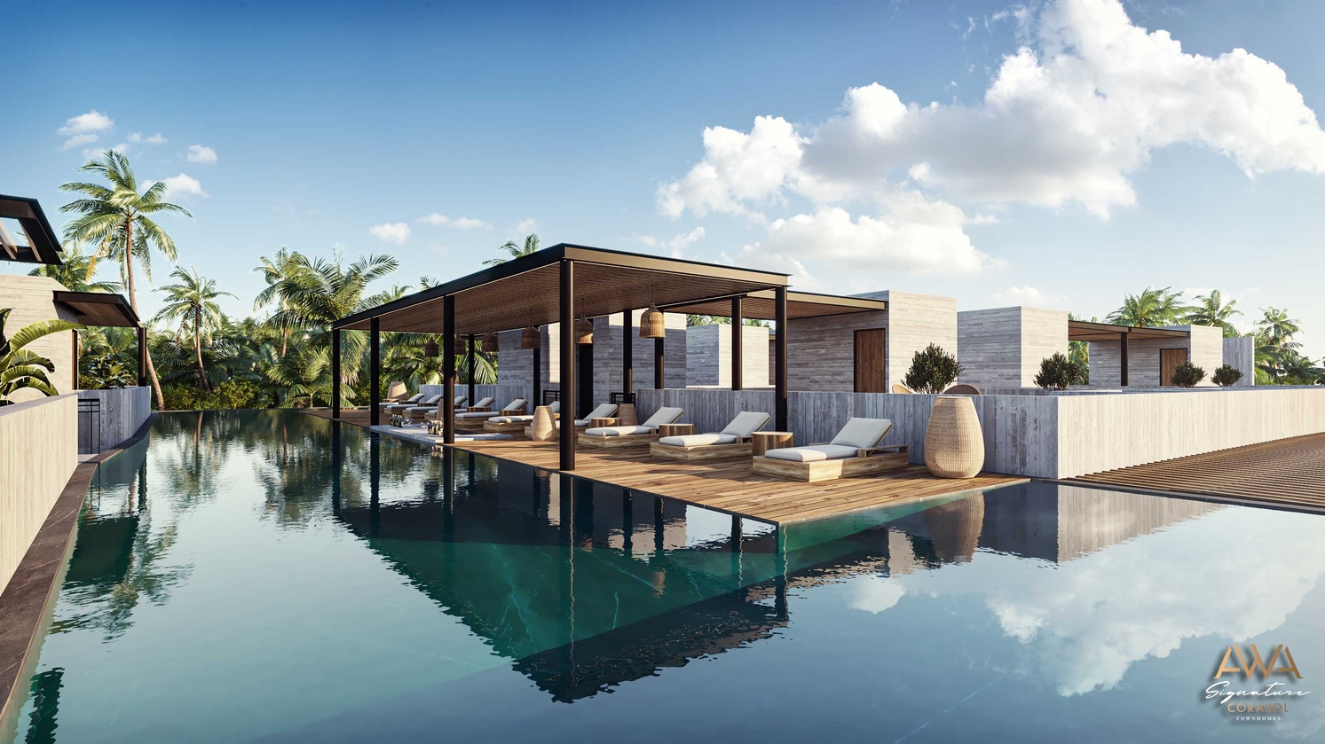 Luxurious poolside cabana with loungers, tropical palm trees, and clear blue sky.