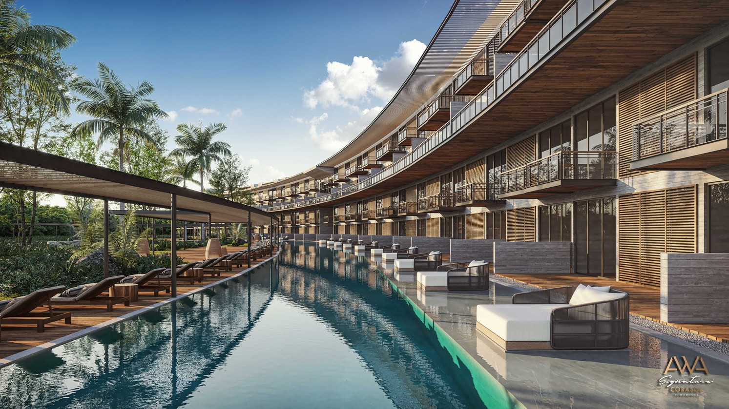 Modern resort with infinity pool, sun loungers, and wood-panelled building façade.