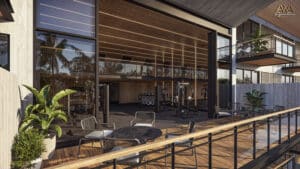 Modern open-air gym with exercise equipment and lounging area, palm trees in the background.