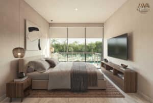 Modern bedroom interior with large window, bed, artwork, and TV.