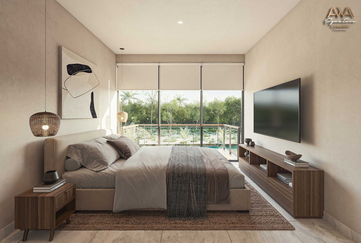 Modern bedroom interior with large window, bed, artwork, and TV.