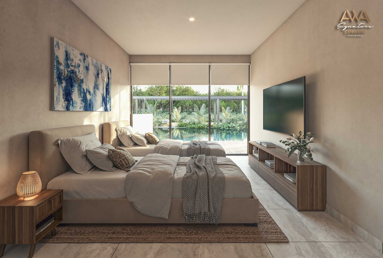 Modern bedroom interior with a view of a lush garden through a full-length window, neutral tones.