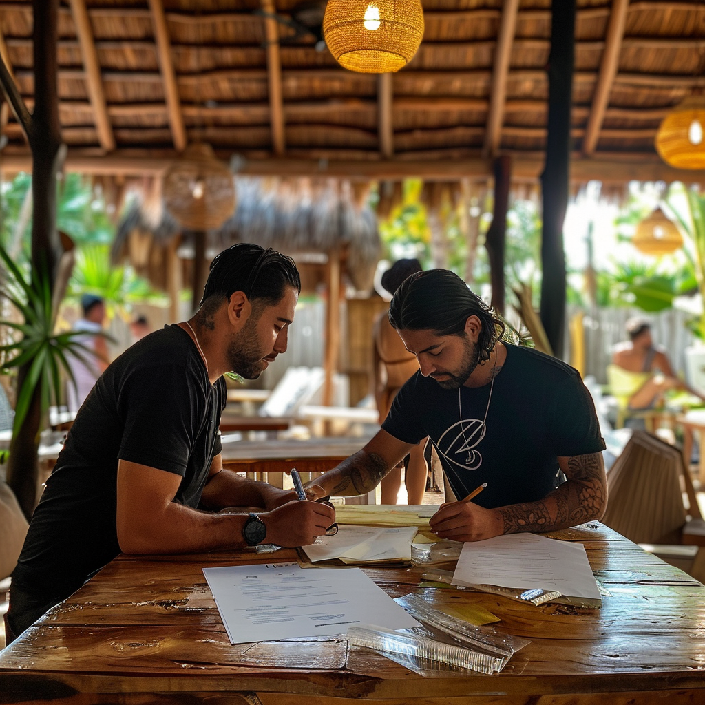 globaldigital 2 peopel signing a contrat in tulum at a beach cl 35cd4e54 2064 49a6 81d7 39fbdff71e56