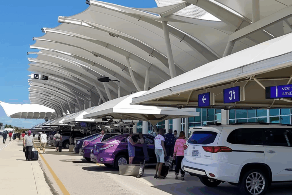 globaldigital An airport with white awnings and blue numbers on